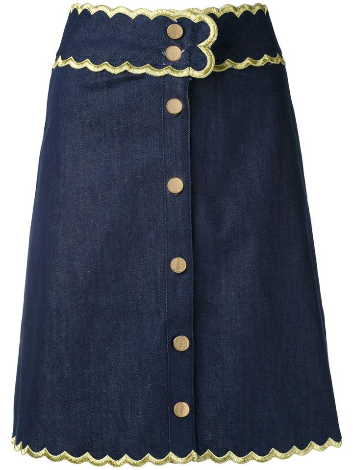 Manoush - Scalloped Trim Denim Skirt - Women - Cotton/spandex/elastane - 36, Blue, Cotton/spandex/elastane