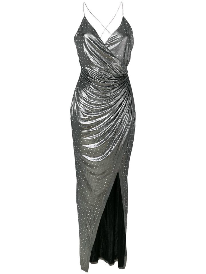 Balmain Studded Detail Ruched Faux Wrap Dress - Metallic