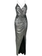Balmain Studded Detail Ruched Faux Wrap Dress - Metallic