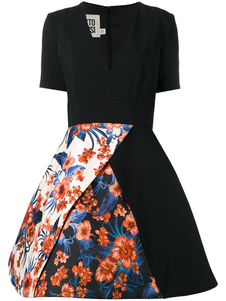 Fausto Puglisi Floral Panel Flared Skirt Dress, Women's, Size: 44, Black, Silk/spandex/elastane/acetate/viscose