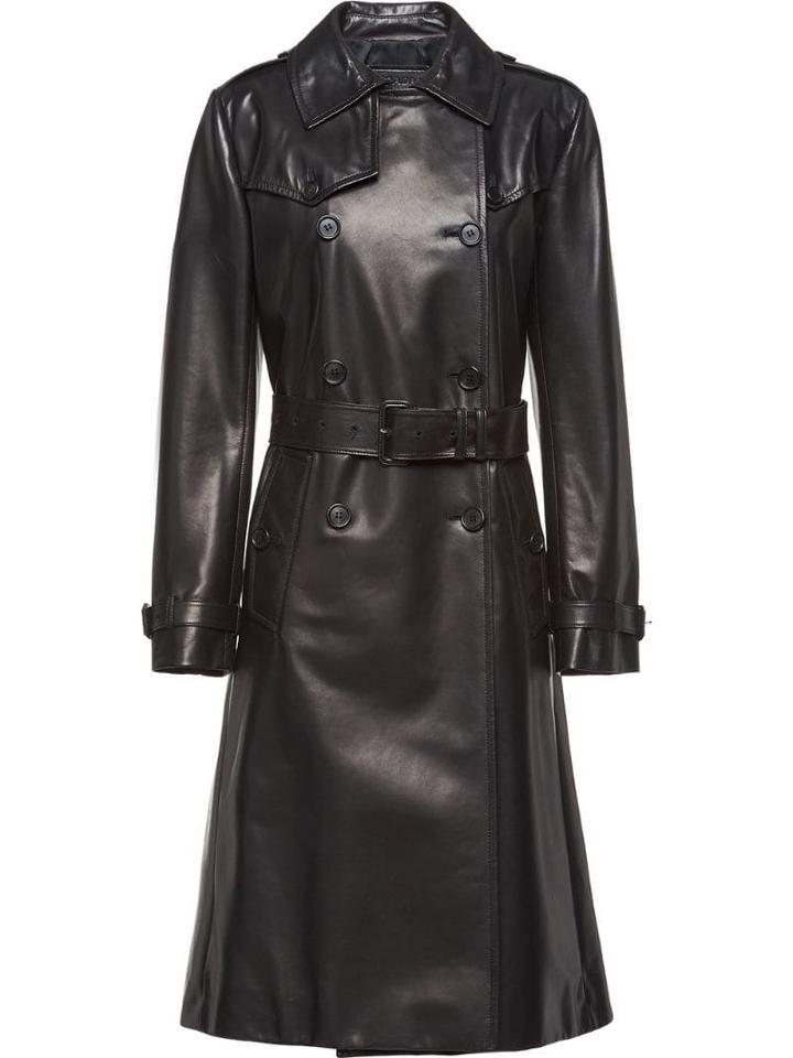 Prada Double Breasted Leather Coat - Black