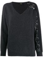 Liu Jo Scalloped Lace Sleeve Jumper - Grey