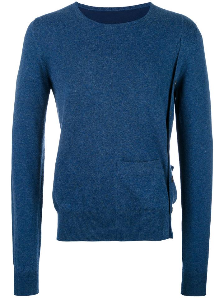 Maison Margiela Side Button Crew Neck Sweater, Size: Medium, Blue, Cotton/wool