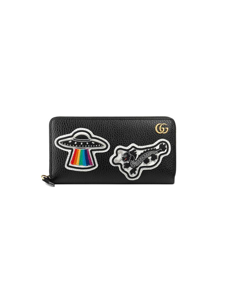 Gucci Leather Zip Around Wallet With Ufo & Chinese Dragon - Black