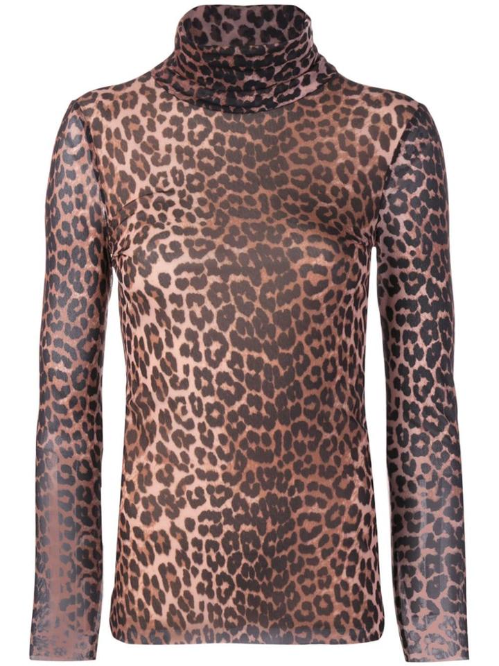 Ganni Leopard Print Turtle-neck Top - Brown