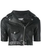 Jeremy Scott Shortsleeved Cropped Biker Jacket, Women's, Size: 40, Black, Sheep Skin/shearling/polyester