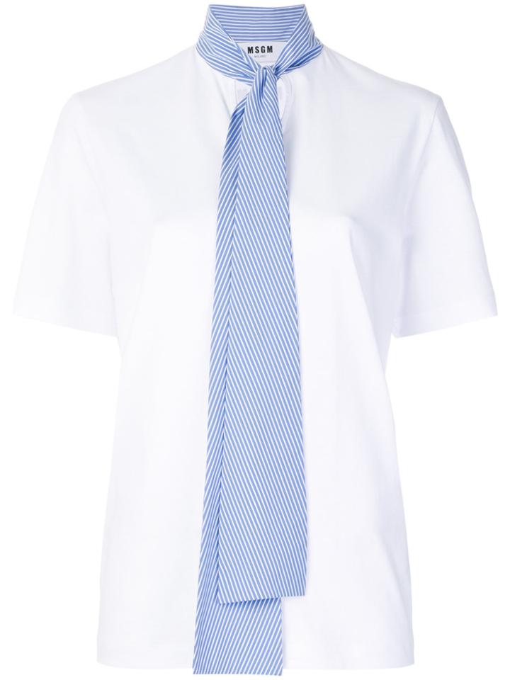 Msgm Striped Tie Neck Tee - White