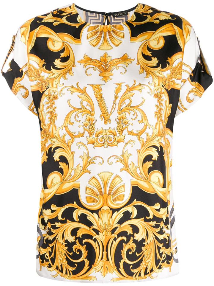 Versace Virtus Baroque Print Silk Blouse - White