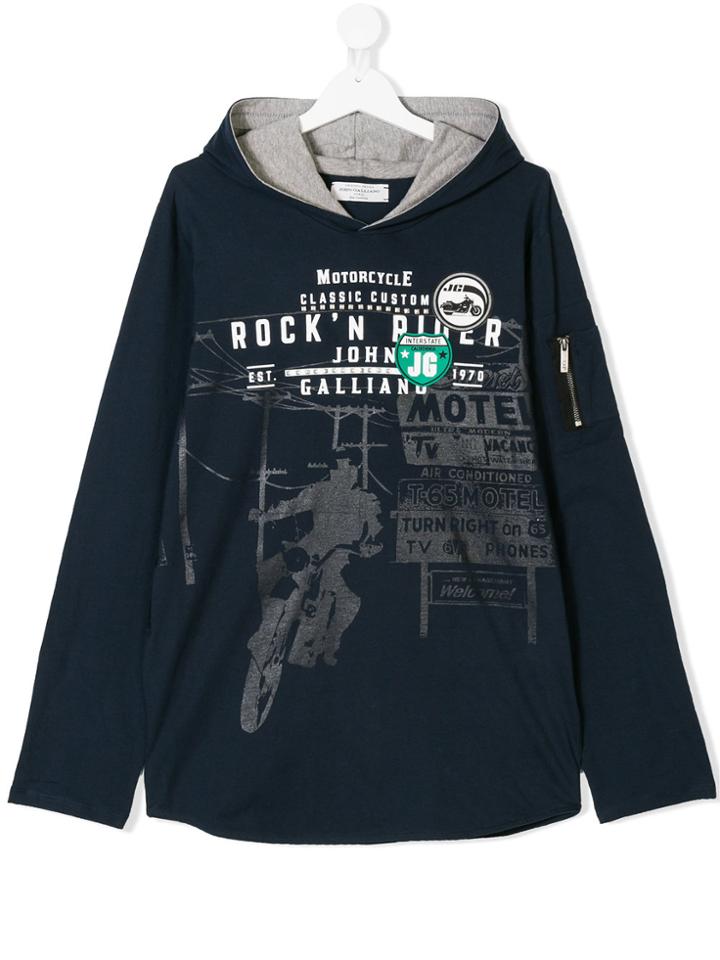 John Galliano Kids Teen Logo Print Hooded T-shirt - Blue