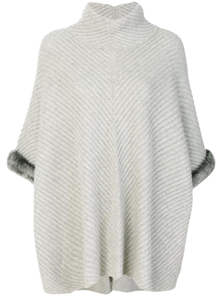 N.peal Fur Trim Ribbed Poncho - Grey