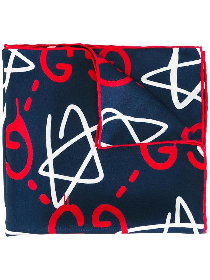 Gucci Logo Print Pocket Square, Blue, Silk
