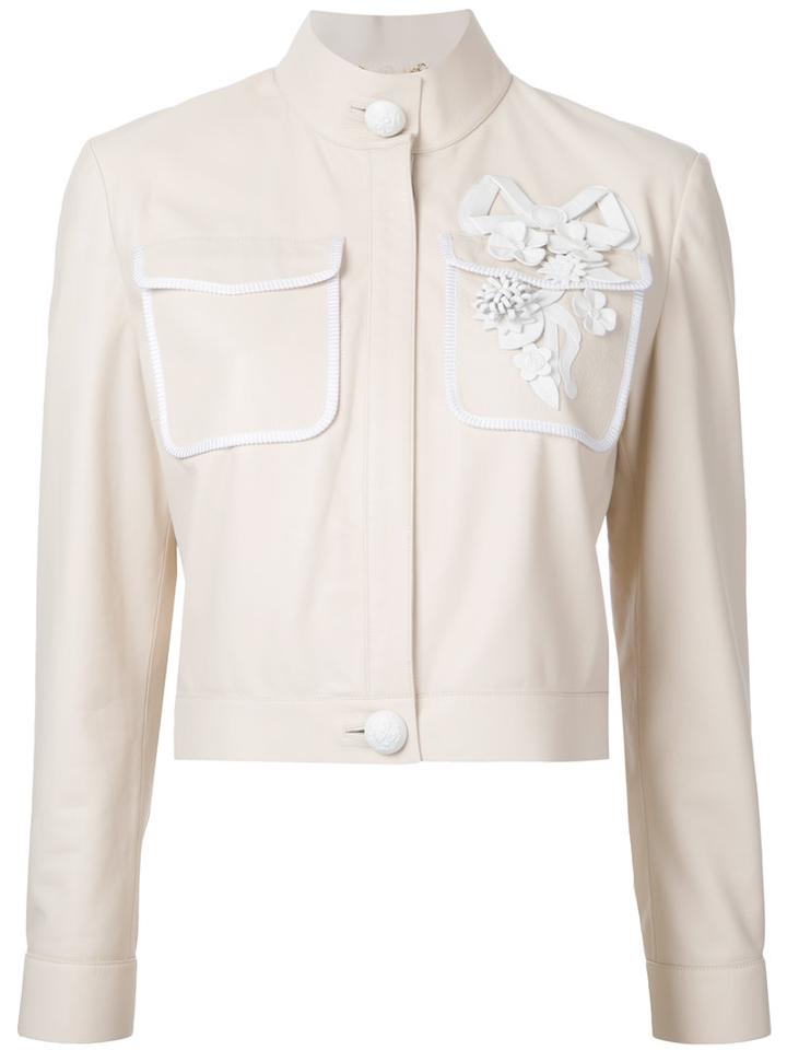 Fendi Floral Appliqué Jacket, Women's, Size: 42, Nude/neutrals, Lamb Nubuck Leather
