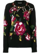 Dolce & Gabbana Rose Print Knitted Sweater With Embellishments - Black