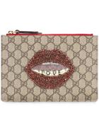 Gucci Embellished 'gg Supreme' Fabric Pouch - Brown
