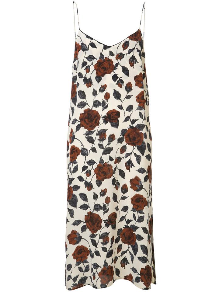 Ganni Allover Roses Print Dress, Women's, Size: 38, White, Silk