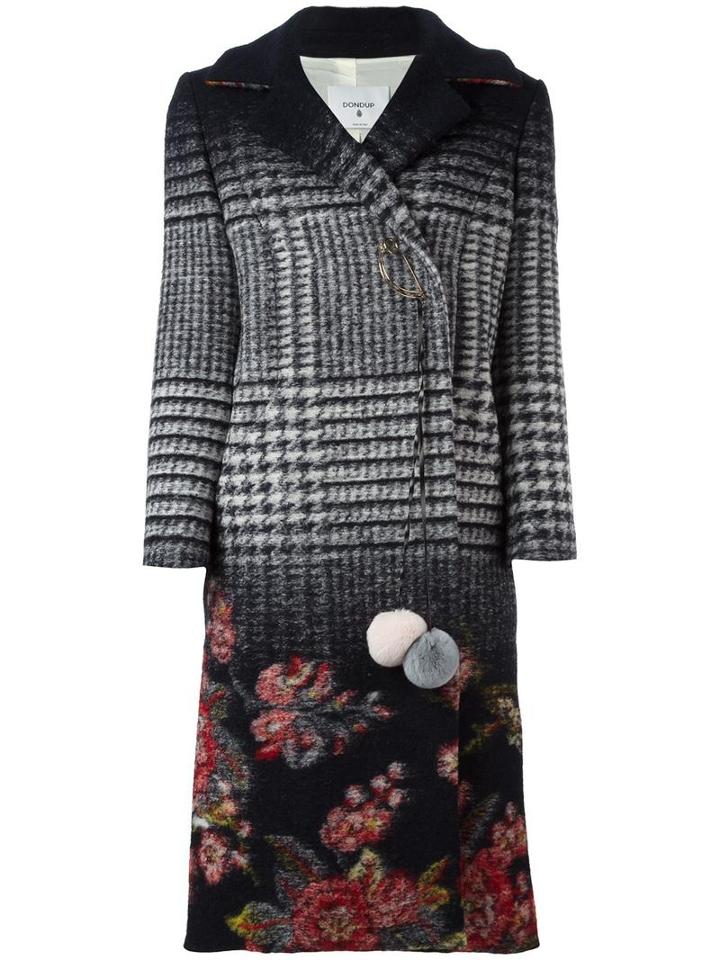 Dondup Plaid Floral Mid Coat, Women's, Size: 46, Blue, Wool/polyester/acetate/viscose