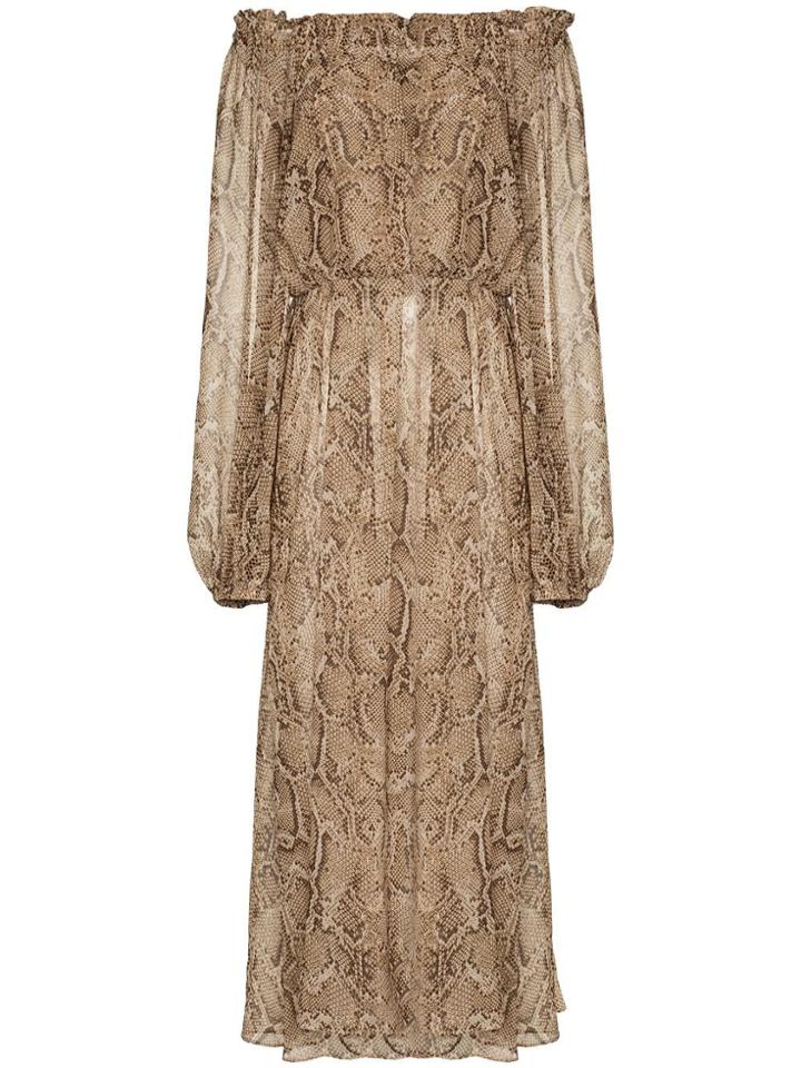 Rotate Python Print Gathered Maxi Dress - Brown
