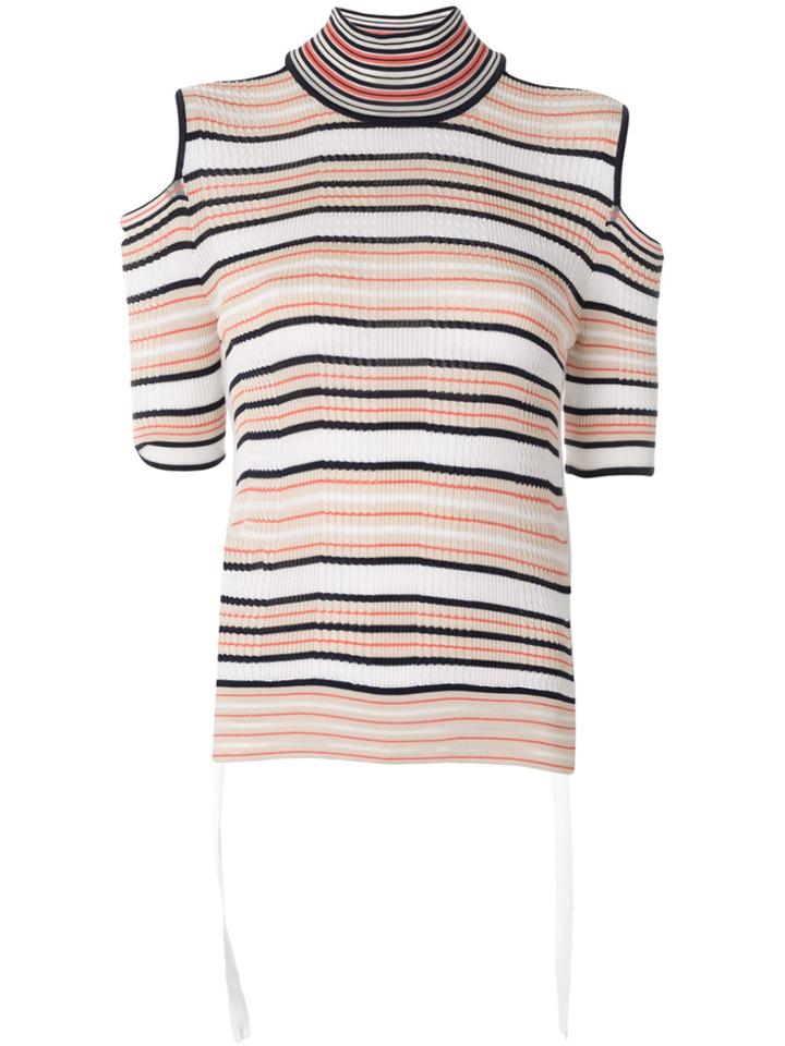 Fendi Ribbed Stripedcold Shoulder Turtleneck Top - Multicolour