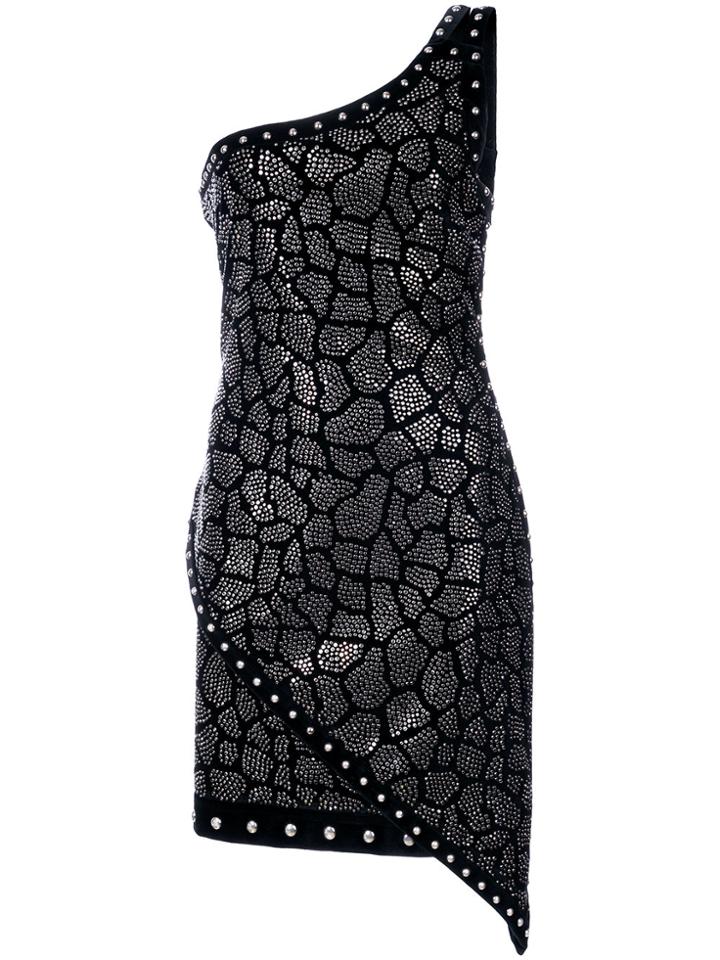 Balmain Studded One-shoulder Mini Dress - Black