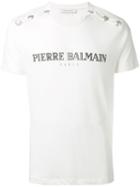 Pierre Balmain Studded Shoulders Logo T-shirt, Men's, Size: 46, White, Cotton/polyester