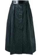 Outsource Images - Leather Waistband Midi Skirt - Women - Linen/flax - 44, Blue, Linen/flax