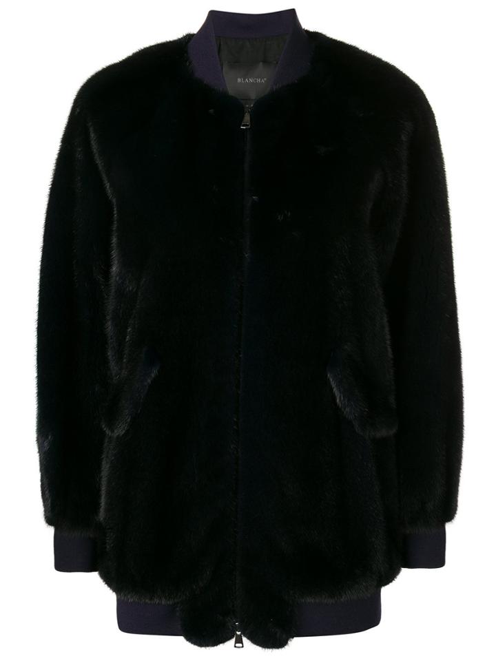 Blancha Mink Trimmed Bomber Jacket - Blue