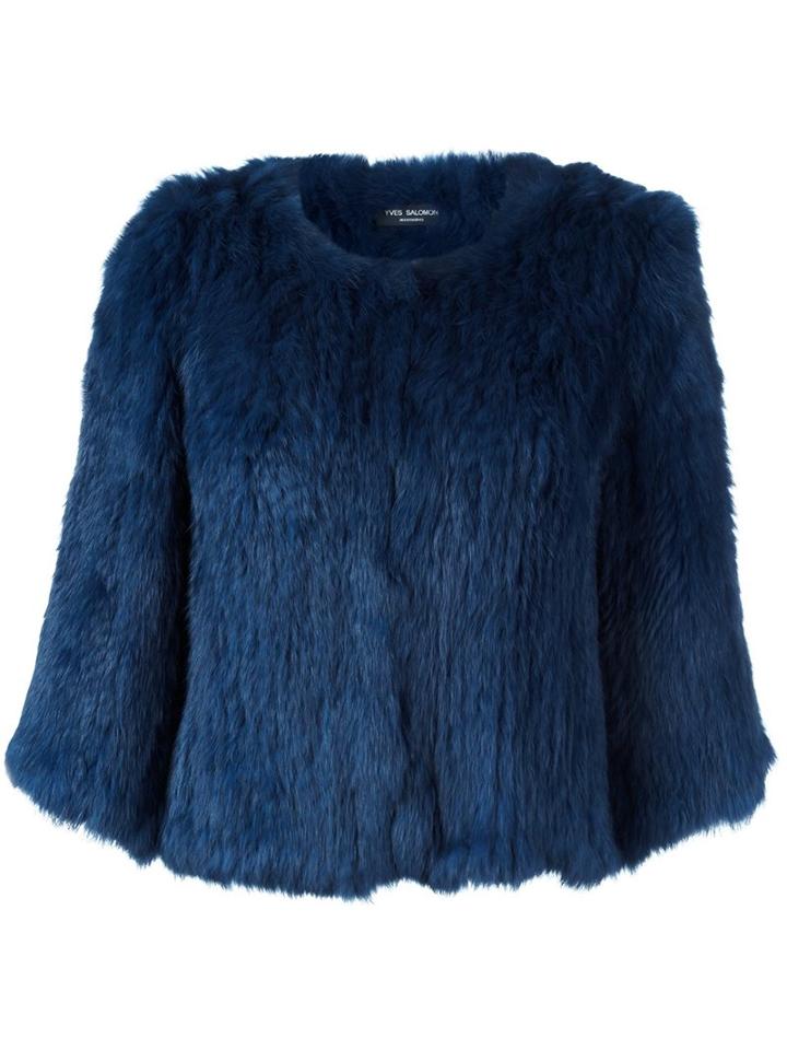Yves Salomon Cropped Fur Jacket, Women's, Size: 38, Blue, Rabbit Fur