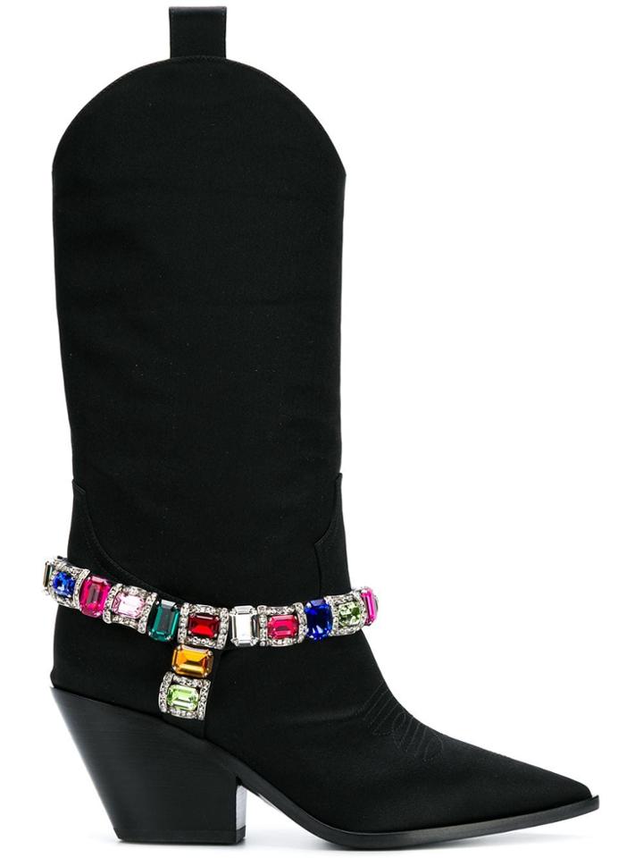 Casadei Stone Embellished Cowboy Boots - Black
