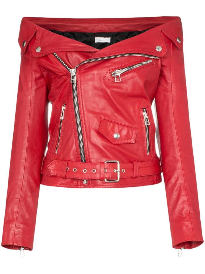 Faith Connexion Off-shoulder Zipped Leather Jacket - Red