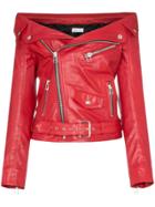 Faith Connexion Off-shoulder Zipped Leather Jacket - Red