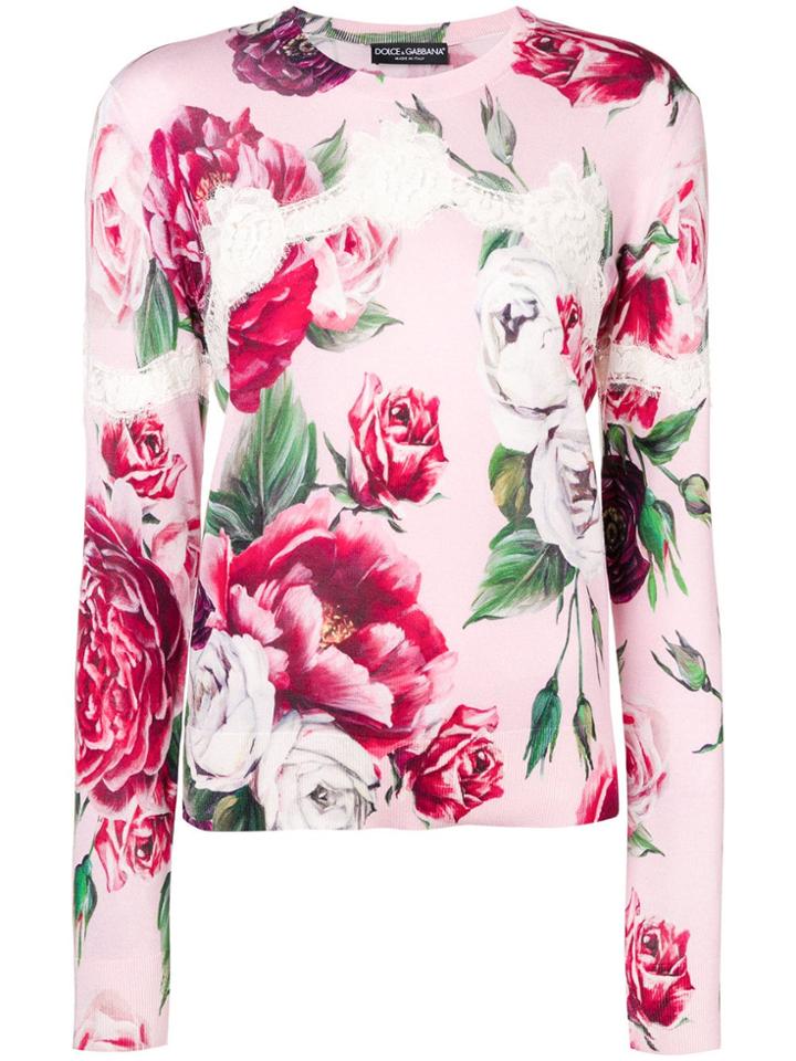 Dolce & Gabbana Lace-trim Floral-print Sweater - Pink & Purple