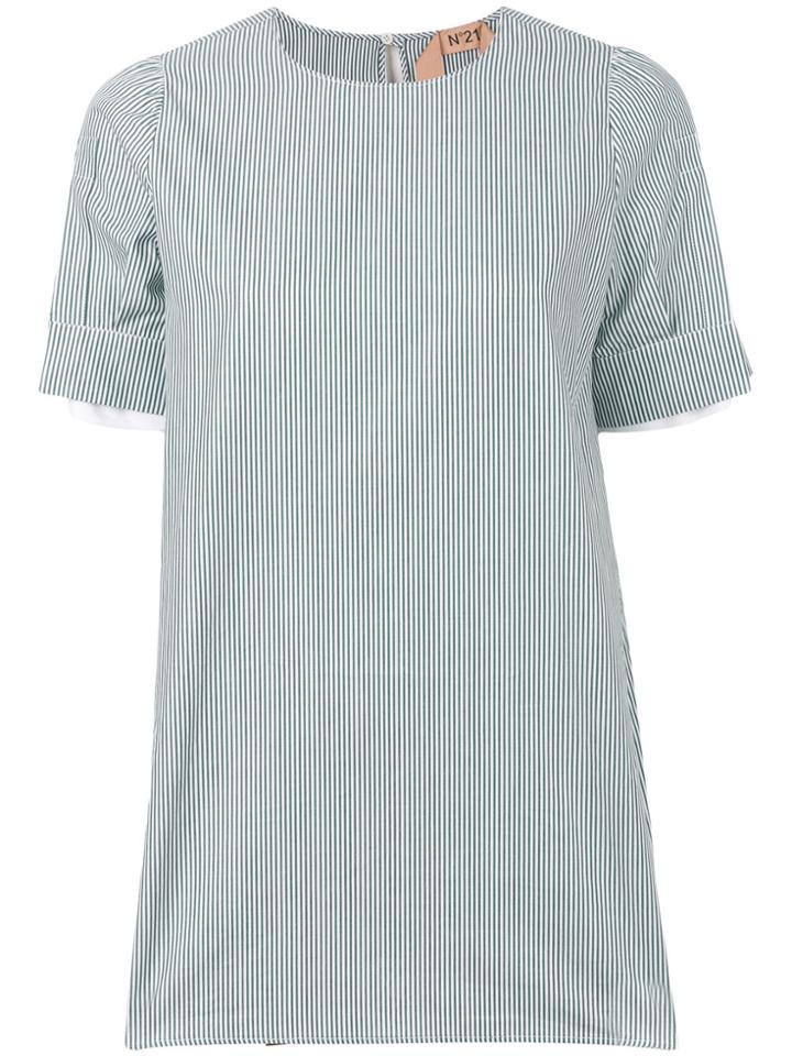 No21 Gem Detail Slit Sleeve Stripe Blouse - Green