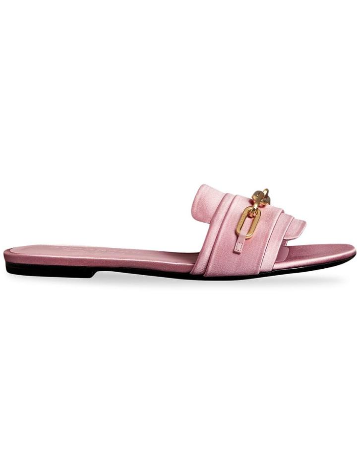Burberry Link Detail Satin And Leather Slides - Pink