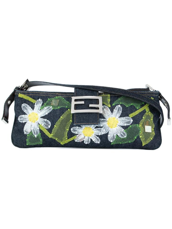 Fendi Vintage Floral Denim Baguette Bag - Blue