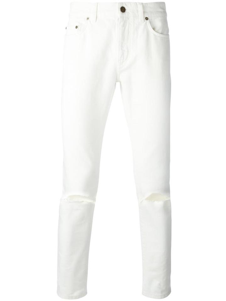 Saint Laurent Ripped Denim Jeans, Men's, Size: 32, White, Cotton