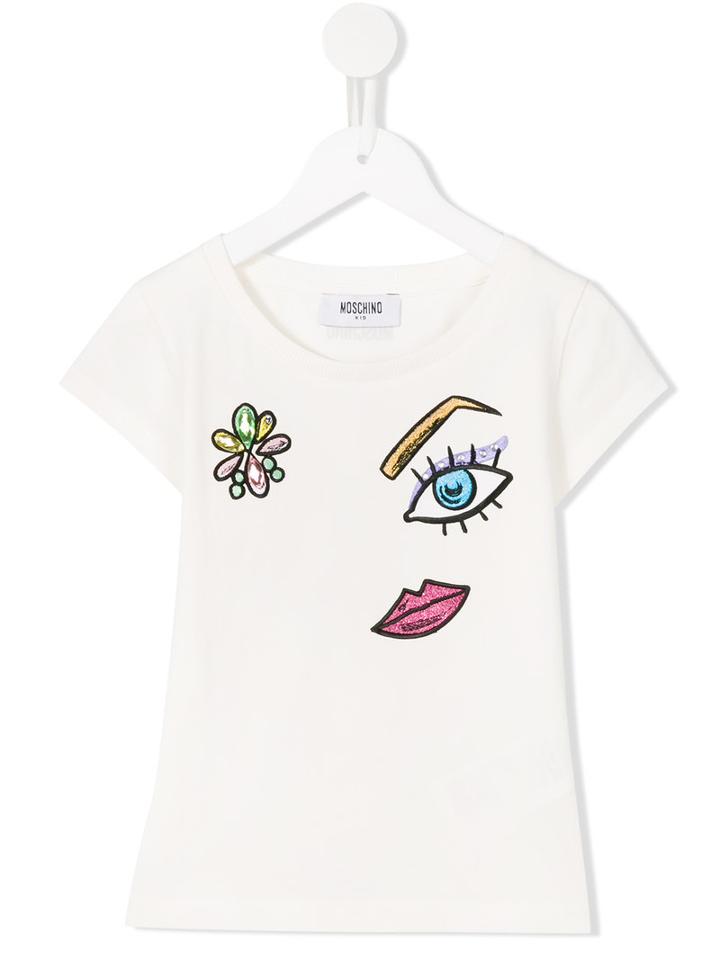 Moschino Kids Embroidered Face T-shirt, Girl's, Size: 10 Yrs, White