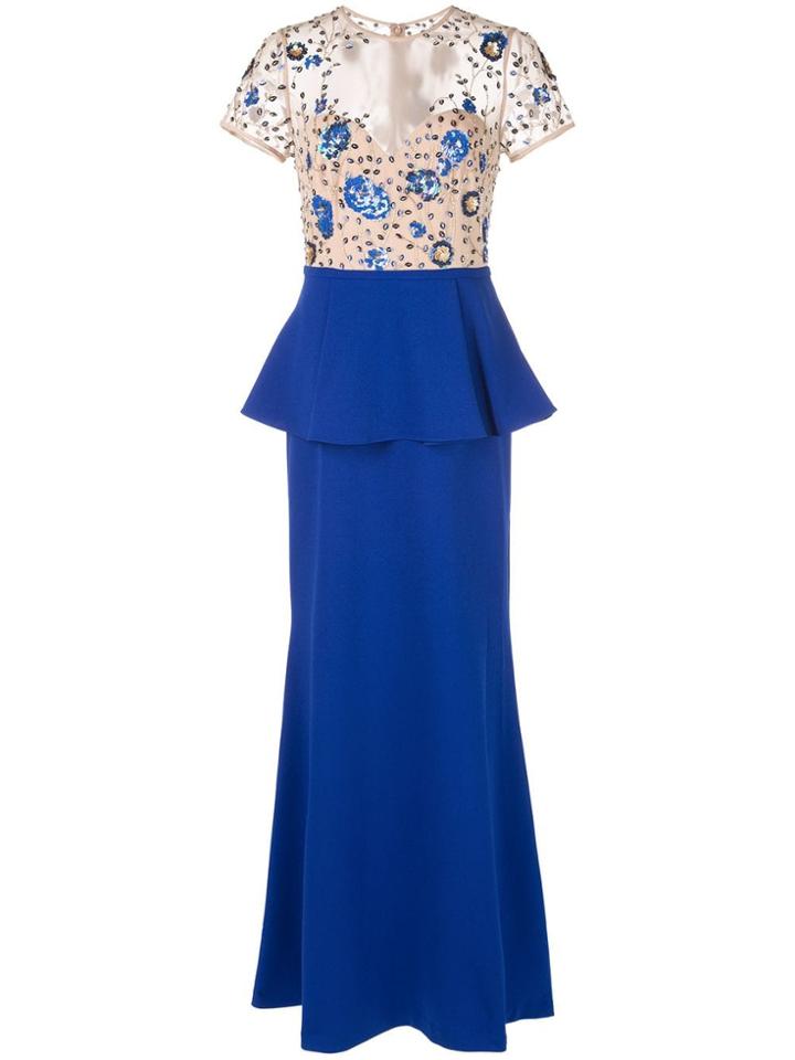 Tadashi Shoji Sequin Floral Peplum Evening Dress - Blue