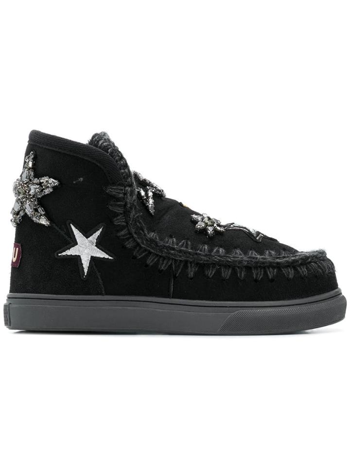 Mou Embellished Whipstitched Ankle Boots - Black