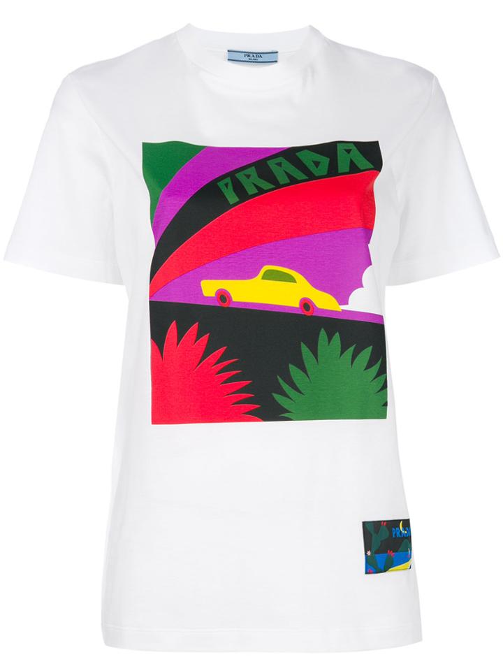 Prada Logo Car Print T-shirt - White