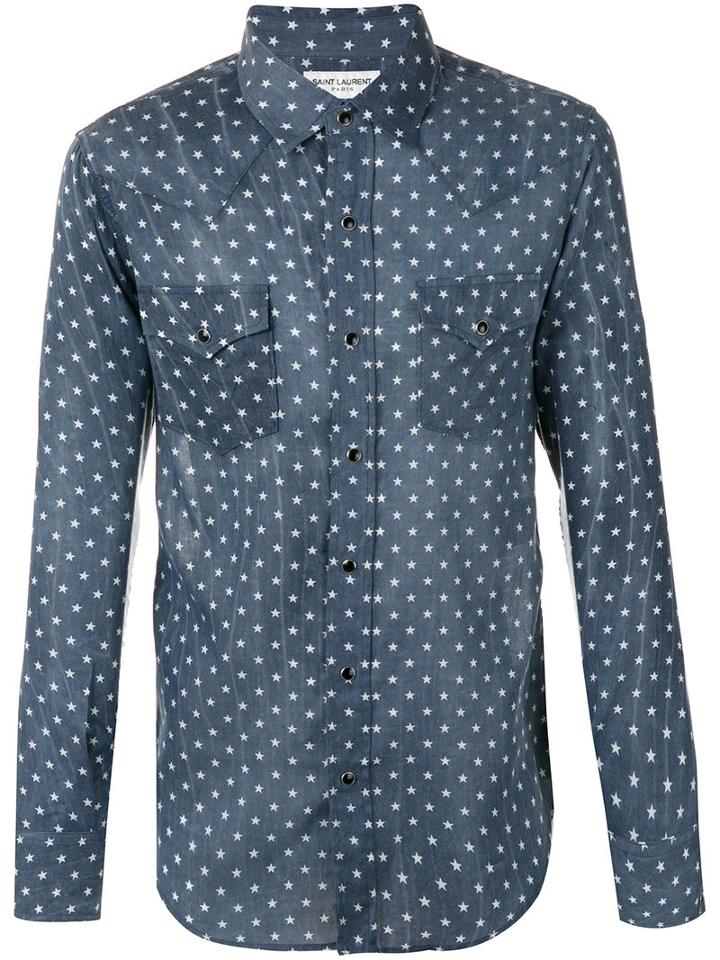 Saint Laurent Star Print Western Shirt, Men's, Size: Xl, Blue, Cotton