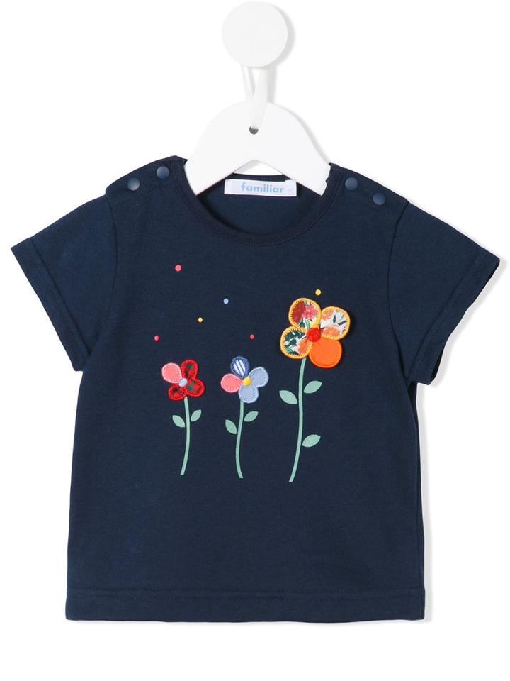 Familiar - Embroidered Flower T-shirt - Kids - Cotton/polyester - 9 Mth, Blue, Cotton/polyester