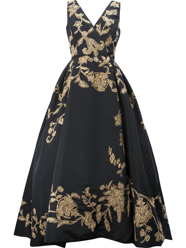 Oscar De La Renta Floral Embroidered Evening Dress, Women's, Size: 8, Black, Silk
