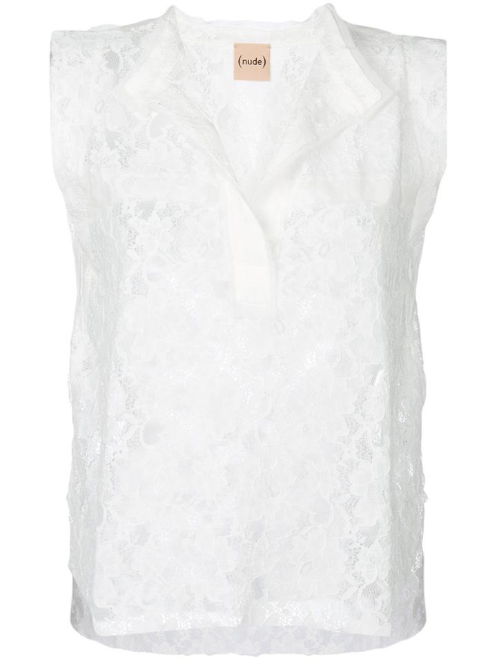 Nude Lace Sleeveless Blouse - White