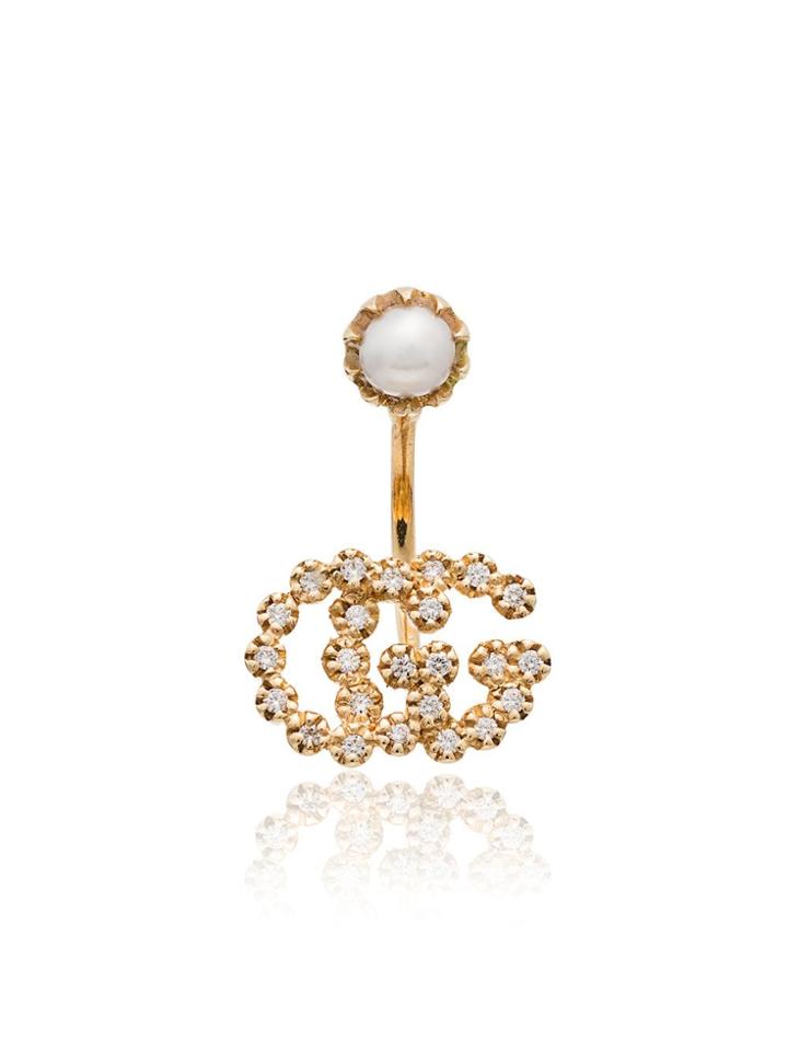 Gucci Diamond And Pearl Gg Logo Earring - Metallic