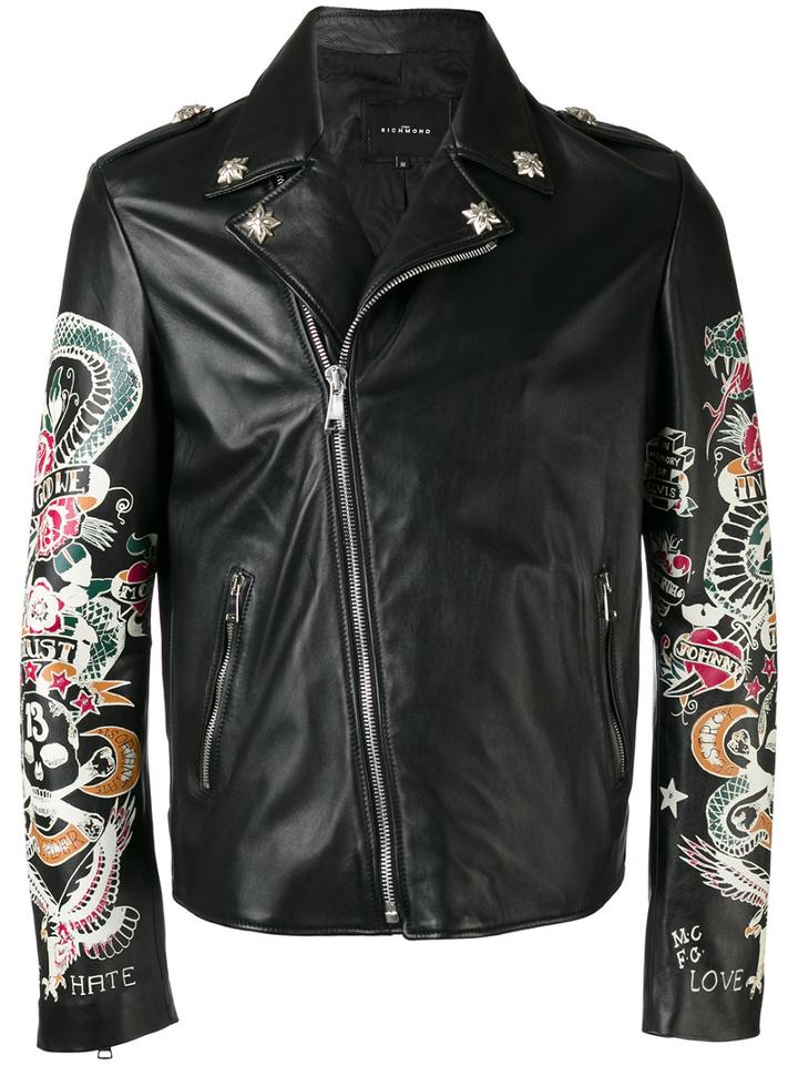 John Richmond - Tattoo Print Biker Jacket - Men - Lamb Skin/polyester - Xl, Black, Lamb Skin/polyester