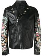 John Richmond - Tattoo Print Biker Jacket - Men - Lamb Skin/polyester - Xl, Black, Lamb Skin/polyester