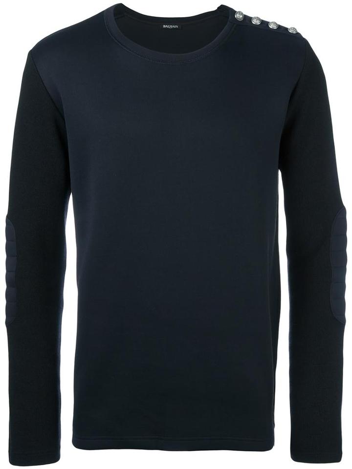 Balmain Ribbed Elbow Patch Sweatshirt, Men's, Size: Medium, Blue, Polyamide/polyester/wool