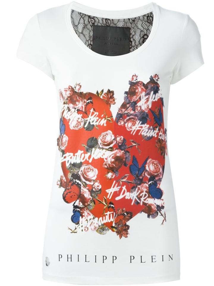 Philipp Plein Floral Heart Print T-shirt, Women's, Size: Small, White, Cotton
