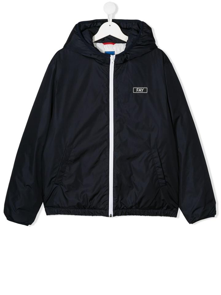 Fay Kids Teen Logo Printed Hooded Jacket - Blue