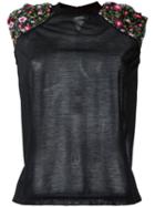 Kolor - Shoulder Embroidered Flowers T-shirt - Women - Cotton/polyester - 3, Women's, Black, Cotton/polyester